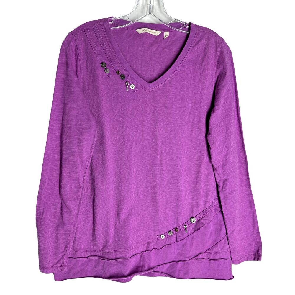 Soft Surroundings Top Size XS Fuchsia V-Neck Layers Buttons Keys Embellished